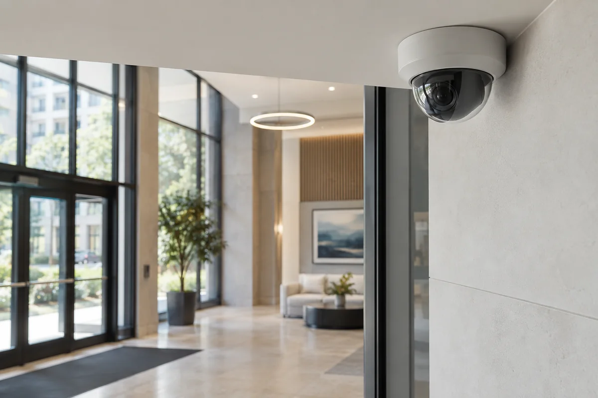 Illustrative a discreet ceiling-mounted dome camera in the corner of an airy apartment-building lobby