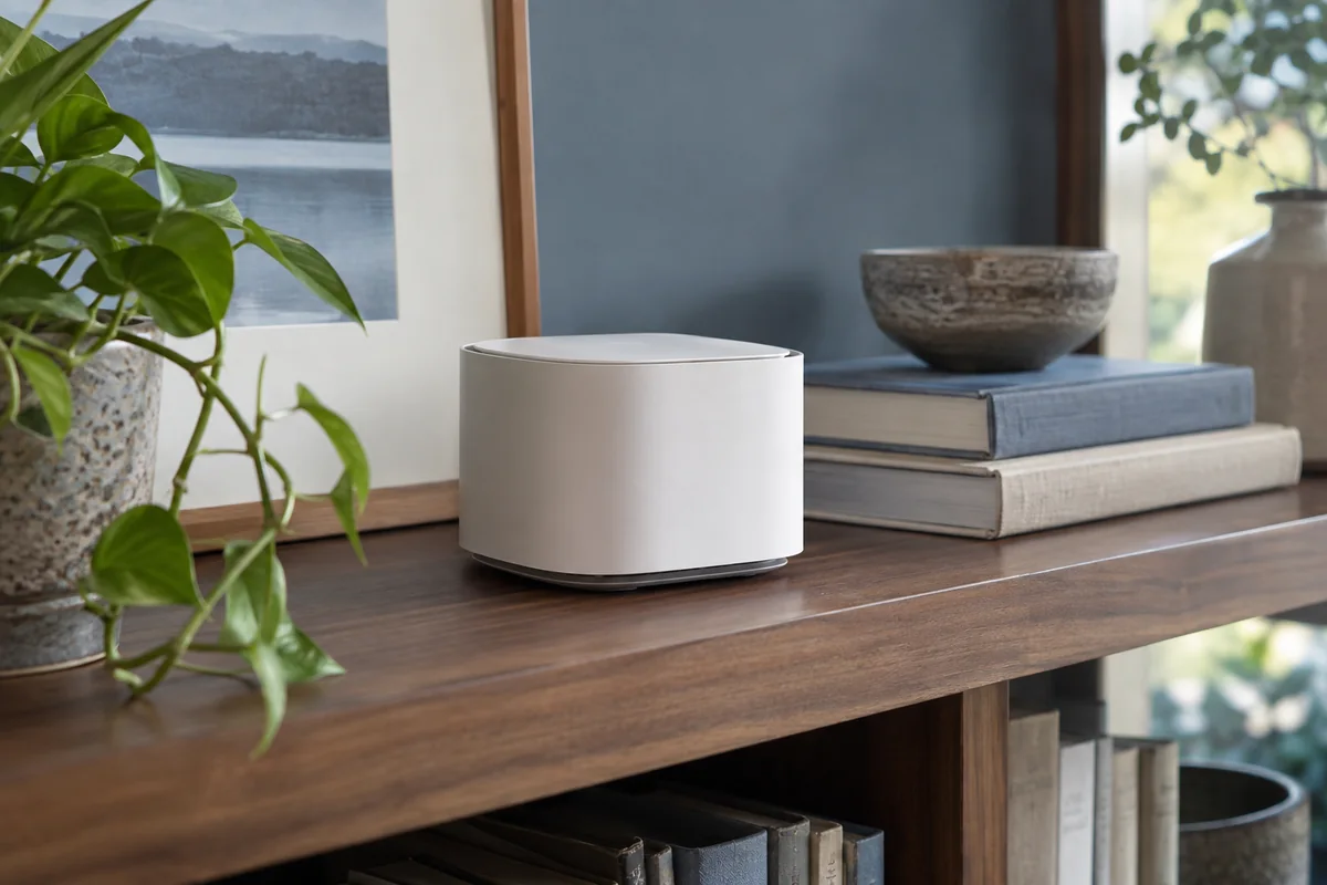 Illustrative a mesh access point on a walnut shelf in a quiet residential study